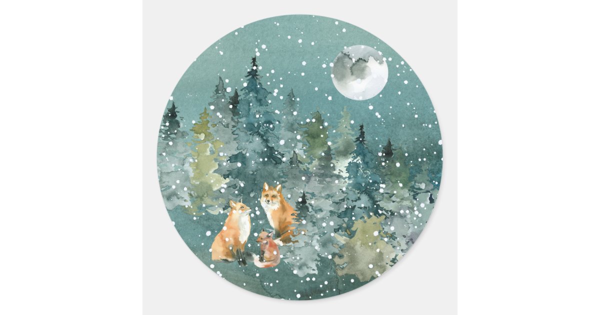 Fox Family in Forest Full Moon Snowfall Classic Round Sticker | Zazzle