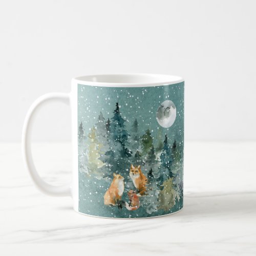 Fox Family in Forest Full Moon Snowfall Coffee Mug