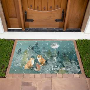 Fox Family in Forest Full Moon Snowfall Custom Doormat