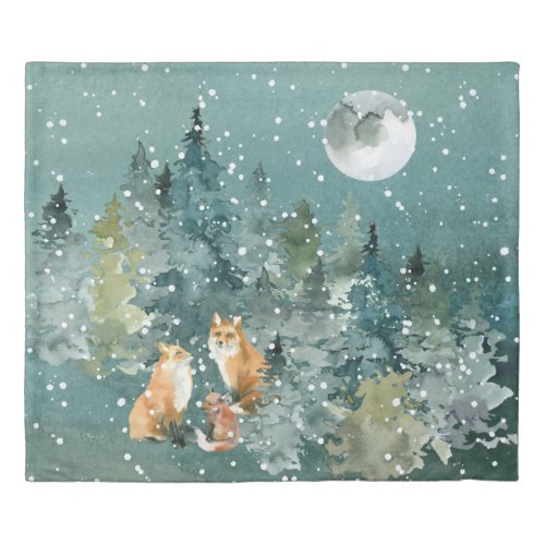 Fox Family in Forest Full Moon Snowfall Duvet Cover