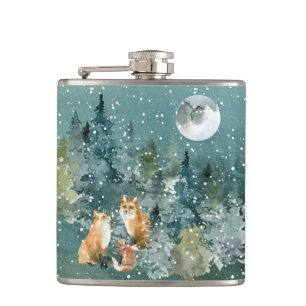Fox Family in Forest Full Moon Snowfall Flask