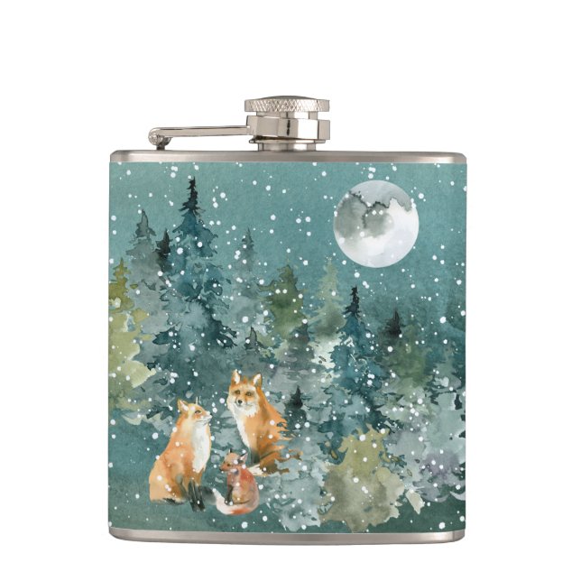 Fox Family in Forest Full Moon Snowfall Flask (Front)