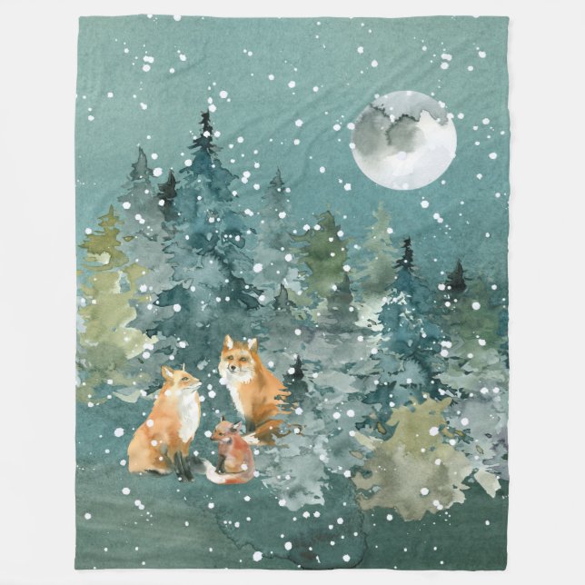 Fox Family in Forest Full Moon Snowfall Fleece Blanket (Front)