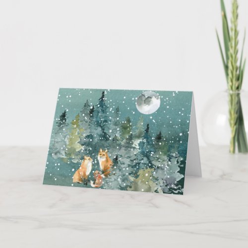 Fox Family in Forest Full Moon Snowfall Holiday Card
