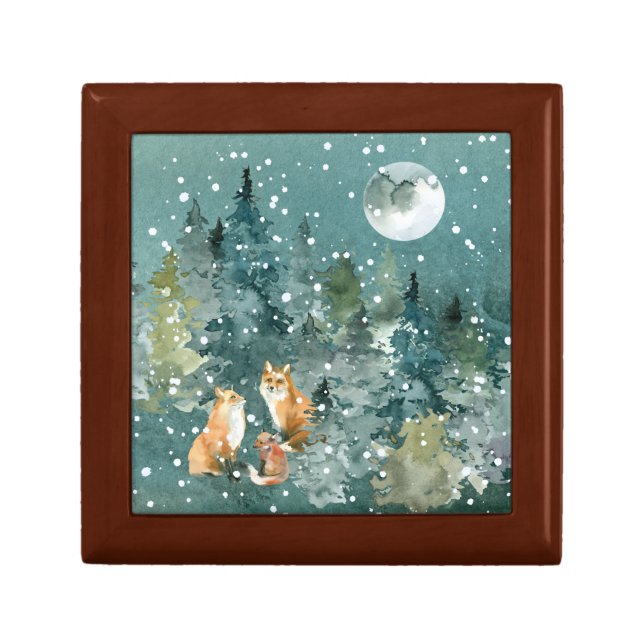 Fox Family in Forest Full Moon Snowfall Holiday Gift Box (Front)