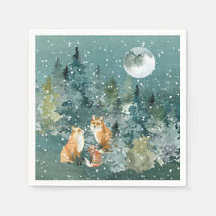 Fox Family in Forest Full Moon Snowfall Holiday Napkins