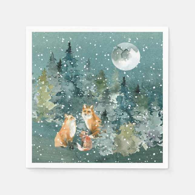 Fox Family in Forest Full Moon Snowfall Holiday Napkins (Front)