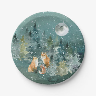 Fox Family in Forest Full Moon Snowfall Holiday Paper Plates