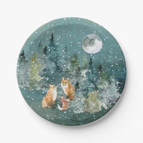 Fox Family in Forest Full Moon Snowfall Holiday Paper Plates