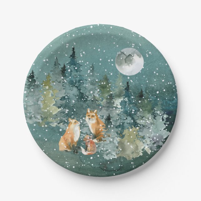 Fox Family in Forest Full Moon Snowfall Holiday Paper Plates (Front)