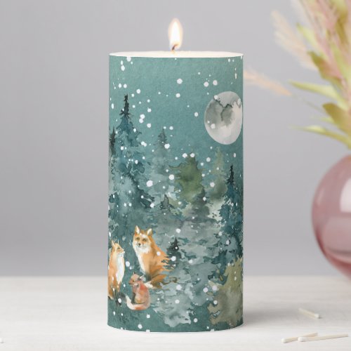 Fox Family in Forest Full Moon Snowfall Holiday Pillar Candle