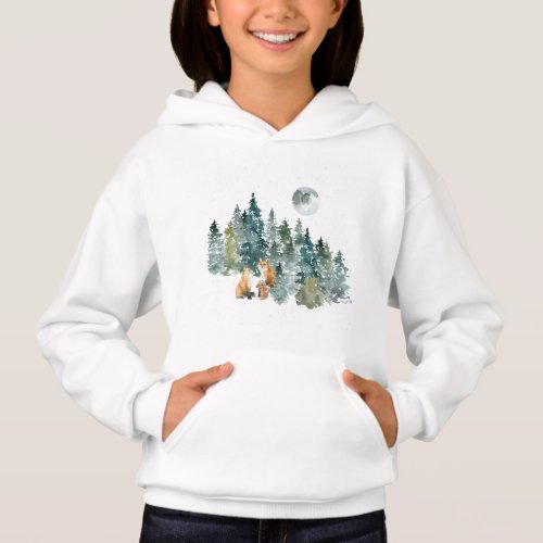 Fox Family in Forest Full Moon Snowfall Hoodie