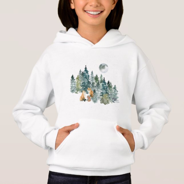 Fox Family in Forest Full Moon Snowfall Hoodie (Front)