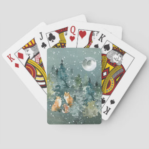 Fox Family in Forest Full Moon Snowfall Poker Cards