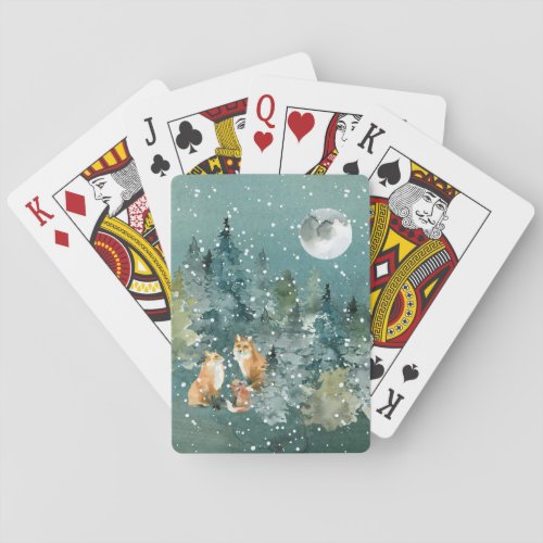 Fox Family in Forest Full Moon Snowfall Poker Cards