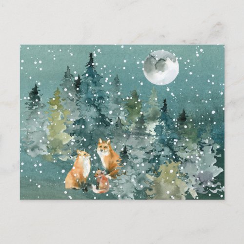 Fox Family in Forest Full Moon Snowfall Postcard