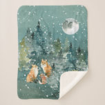 Fox Family in Forest Full Moon Snowfall Sherpa Blanket