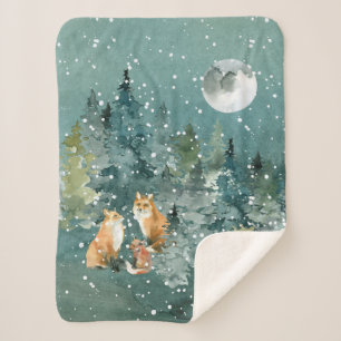 Fox Family in Forest Full Moon Snowfall Sherpa Blanket