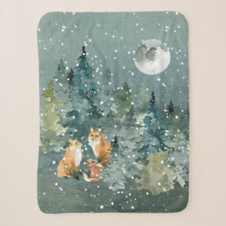 Fox Family in Forest Full Moon Snowfall Sherpa Blanket