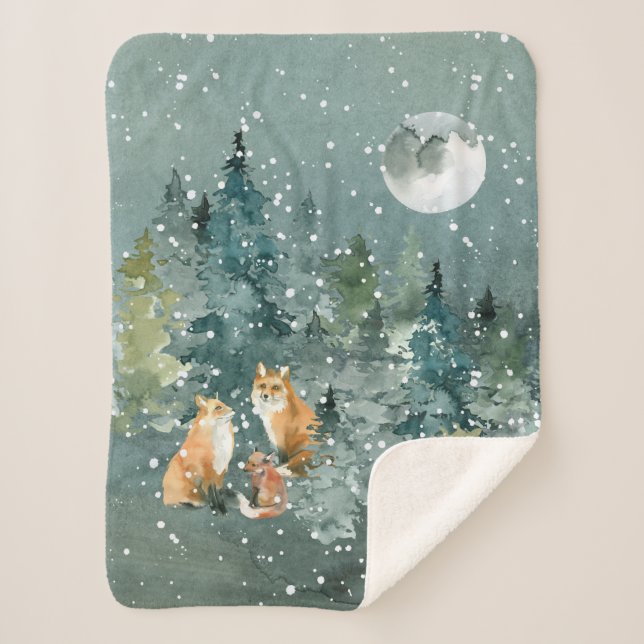 Fox Family in Forest Full Moon Snowfall Sherpa Blanket (Front)