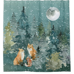 Fox Family in Forest Full Moon Snowfall Shower Curtain