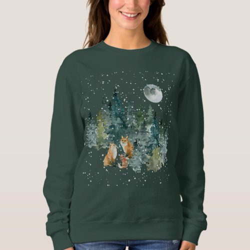 Fox Family in Forest Full Moon Snowfall Sweatshirt