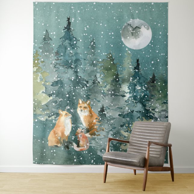 Fox Family in Forest Full Moon Snowfall Tapestry (In Situ)