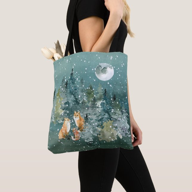 Fox Family in Forest Full Moon Snowfall Tote Bag (Close Up)