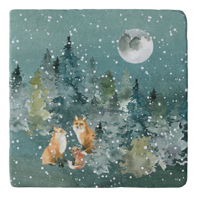 Fox Family in Forest Full Moon Snowfall Trivet (Front)