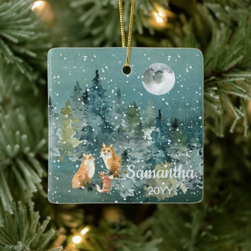 Fox Family in Forest Full Moon Snowfall Watercolor Ceramic Ornament