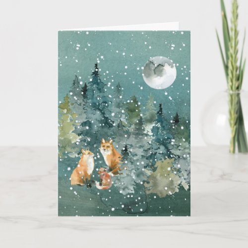 Fox Family in Forest Full Moon Snowfall Watercolor Holiday Card