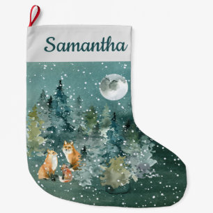 Fox Family in Forest Full Moon Snowfall Watercolor Large Christmas Stocking