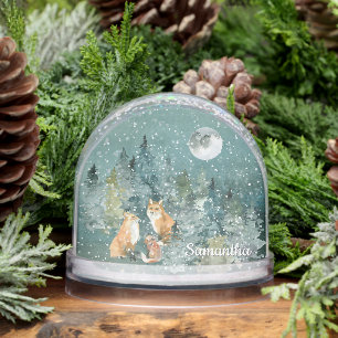 Fox Family in Forest Full Moon Snowfall Watercolor Snow Globe