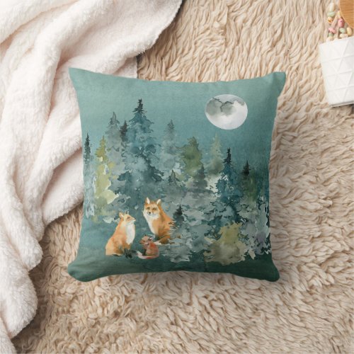 Fox Family in Forest Full Moon Throw Pillow