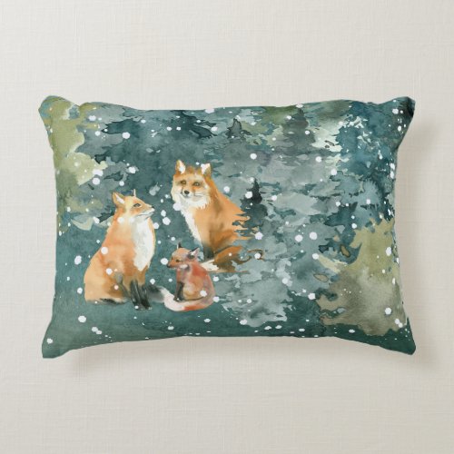 Fox Family in Forest Snowfall Accent Pillow