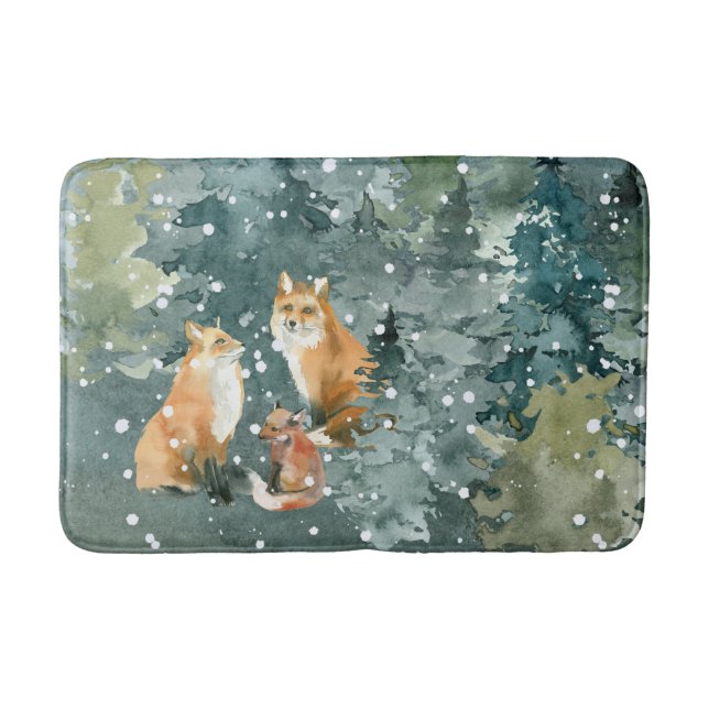 Fox Family in Forest Snowfall Bath Mat (Front)