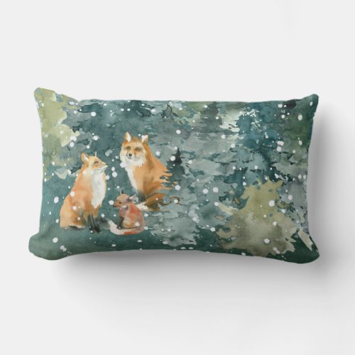 Fox Family in Forest Snowfall Lumbar Pillow
