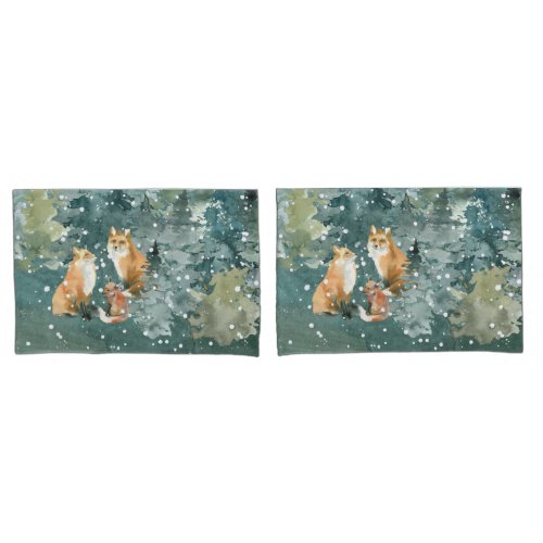 Fox Family in Forest Snowfall Pillow Case