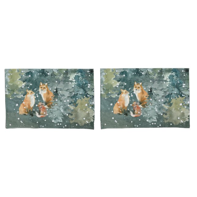 Fox Family in Forest Snowfall Pillow Case (Front-Set)