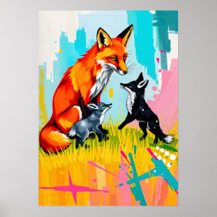 Fox Family Playtime – Neon Wildlife Pop Art Poster
