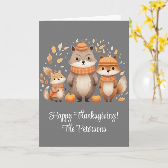 Fox Family Pumpkins Happy Thanksgiving Card (Yellow Flower)
