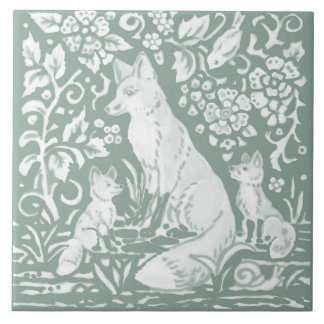 Fox Family Sage Green Woodland Forest Foliage Ceramic Tile