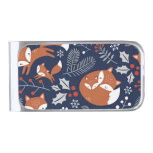 Fox family: vintage seamless pattern. silver finish money clip