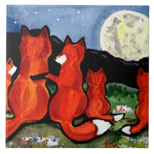 Fox Family Watching Moon Dark Blue 6 Tile Trivet