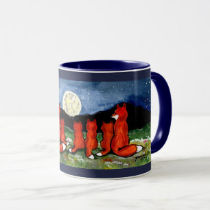 Fox Family Watching Moon Dark Blue Design Mug