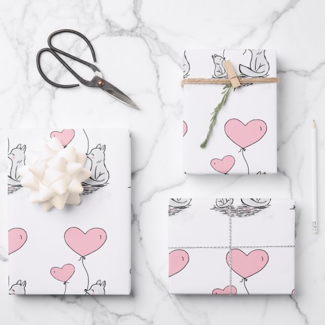 Fox Family With Pink Heart Balloons Wrapping Paper Sheets (Front)