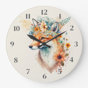 Fox Flower Crown Watercolor Large Clock