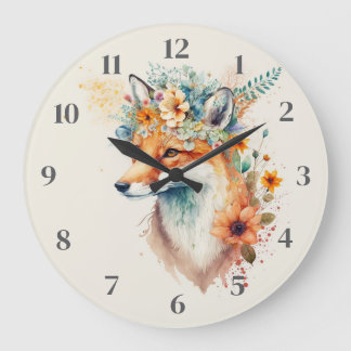 Fox Flower Crown Watercolor Large Clock