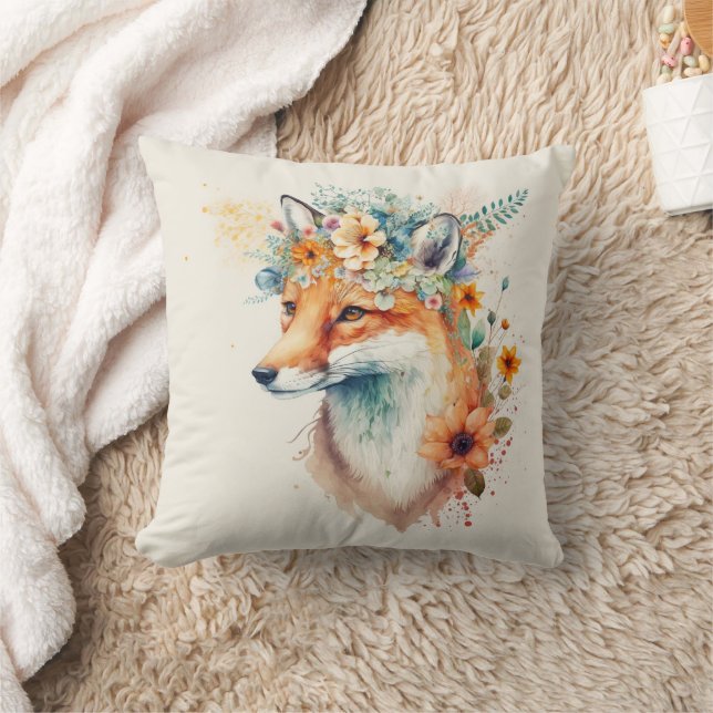 Fox Flower Crown Watercolor                      Throw Pillow (Blanket)