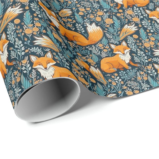 Fox Flowers Blue Wrapping Paper (Roll Corner)